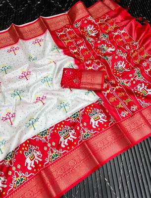 Multi color 3 Ikkat Patola Printing With Hand Made Tassels Fumka Dola Silk Saree 5