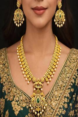 Antique Gold Plated Haram Necklace Set | Emerald Ruby Temple Jewelry 1