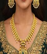 Antique Gold Plated Haram Necklace Set | Emerald Ruby Temple Jewelry