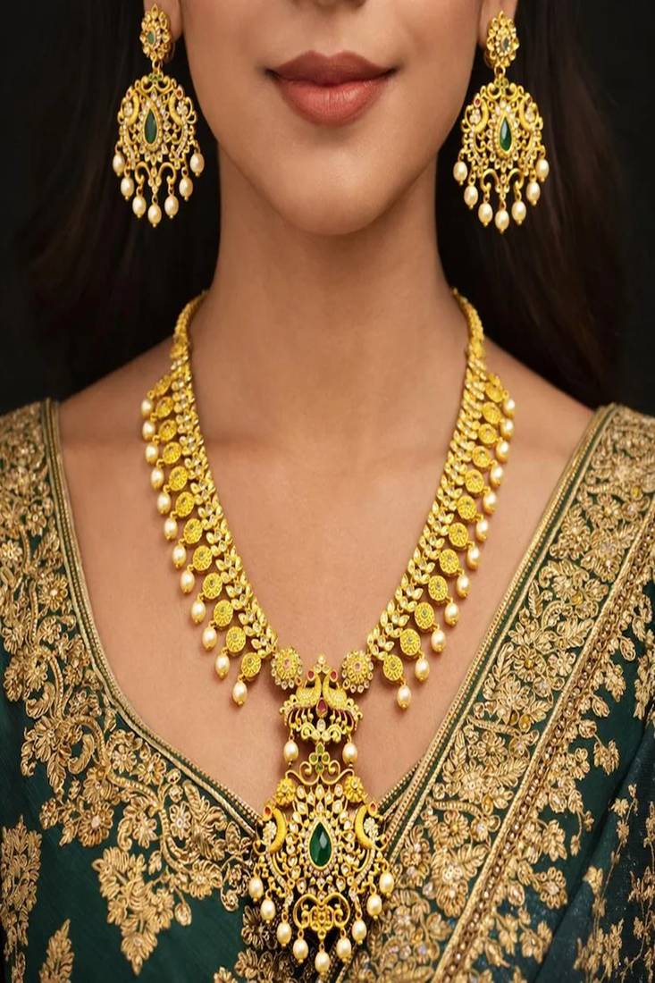 Antique Gold Plated Haram Necklace Set | Emerald Ruby Temple Jewelry