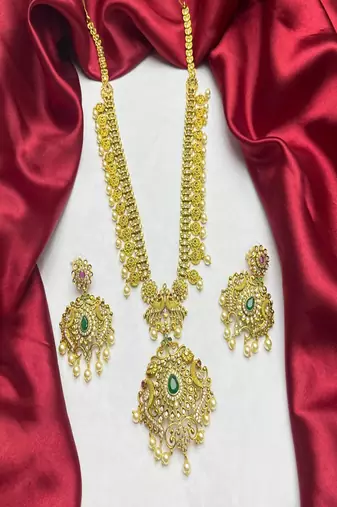 Antique Gold Plated Haram Necklace Set | Emerald Ruby Temple Jewelry