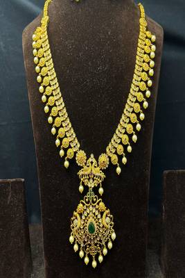 Antique Gold Plated Haram Necklace Set | Emerald Ruby Temple Jewelry 3