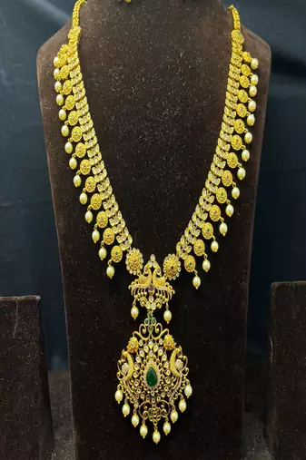 Antique Gold Plated Haram Necklace Set | Emerald Ruby Temple Jewelry