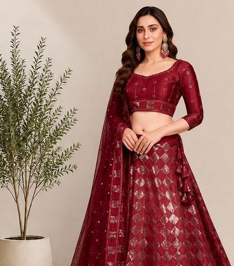 Women's Premium Maroon Sequin Work Lehenga Choli with Soft Net Dupatta with embroidered border