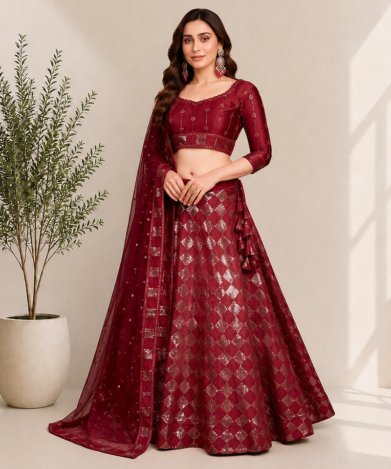 Women's Premium Maroon Sequin Work Lehenga Choli with Soft Net Dupatta with embroidered border