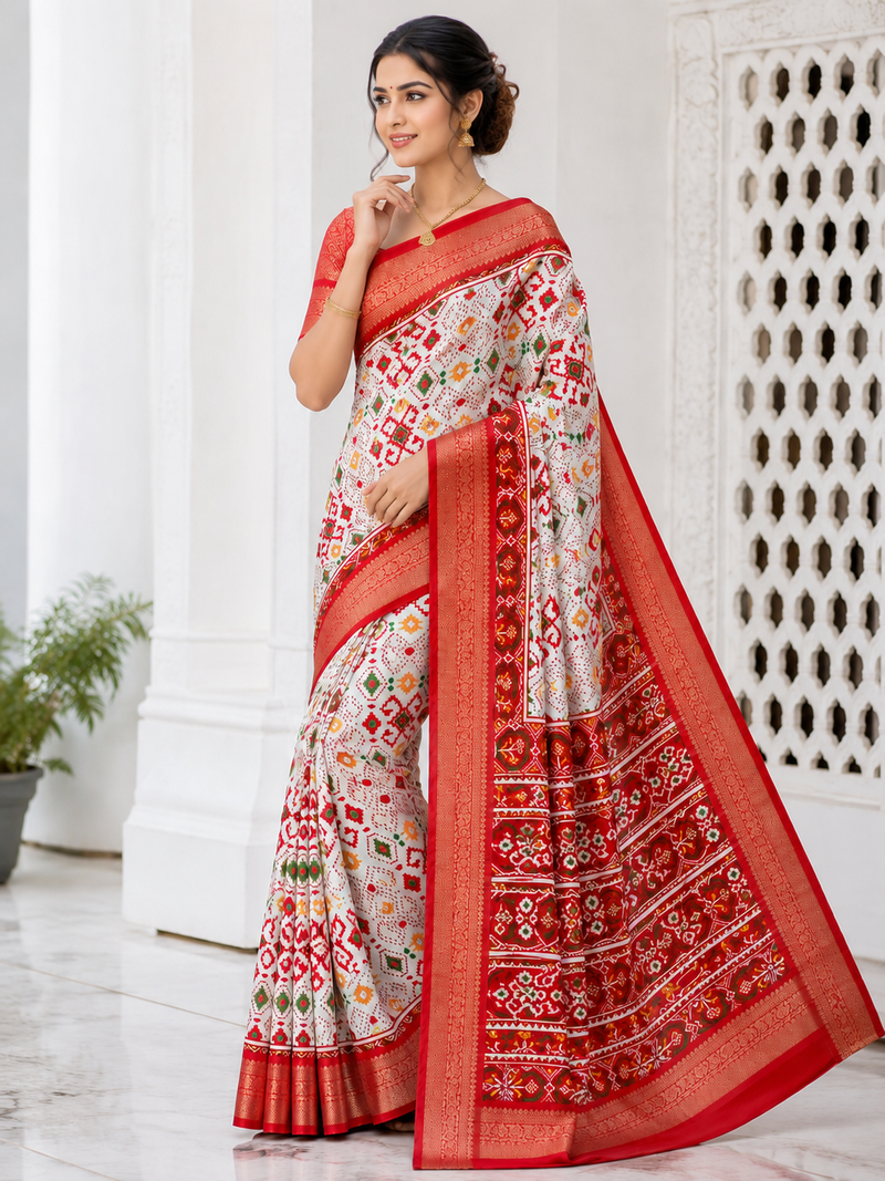 Multi color 4 Ikkat Patola Printing With Hand Made Tassels Fumka Dola Silk Saree