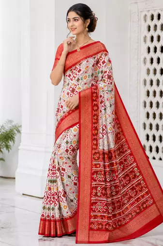 Multi color 4 Ikkat Patola Printing With Hand Made Tassels Fumka Dola Silk Saree
