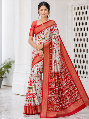 Multi color 4 Ikkat Patola Printing With Hand Made Tassels Fumka Dola Silk Saree 2