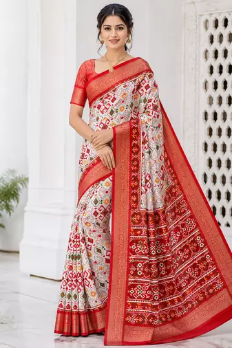 Multi color 4 Ikkat Patola Printing With Hand Made Tassels Fumka Dola Silk Saree