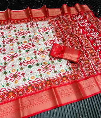 Multi color 4 Ikkat Patola Printing With Hand Made Tassels Fumka Dola Silk Saree 3