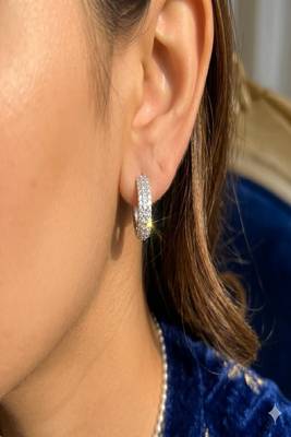 Dainty Silver Triple Row Zirconia Huggie Hoop Earrings, Bridal Prom Sparkle Huggies 1