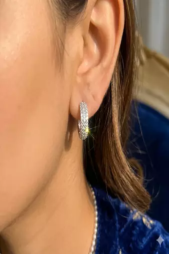 Dainty Silver Triple Row Zirconia Huggie Hoop Earrings, Bridal Prom Sparkle Huggies