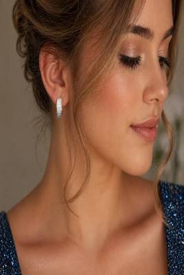 Dainty Silver Triple Row Zirconia Huggie Hoop Earrings, Bridal Prom Sparkle Huggies 2