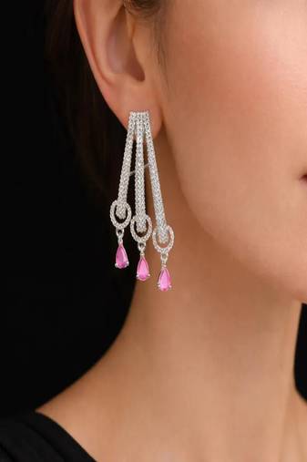 Elegant Ruby & Diamond-Style Triple Drop Dangle Earrings | Silver Tone Chandelier Jewelry