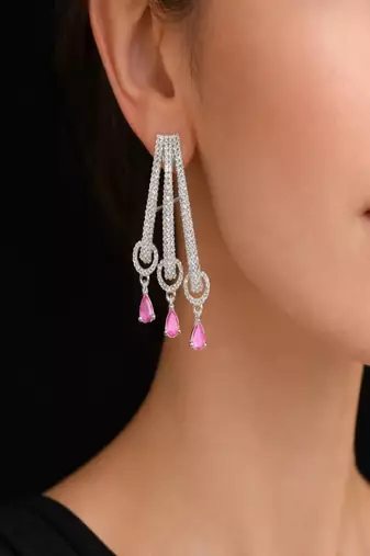 Elegant Ruby & Diamond-Style Triple Drop Dangle Earrings | Silver Tone Chandelier Jewelry