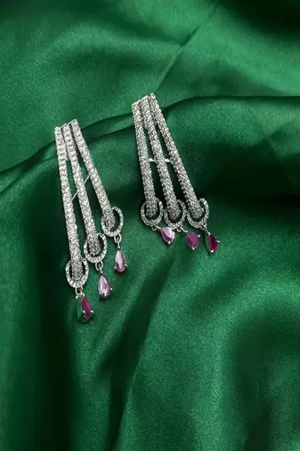 Elegant Ruby & Diamond-Style Triple Drop Dangle Earrings | Silver Tone Chandelier Jewelry