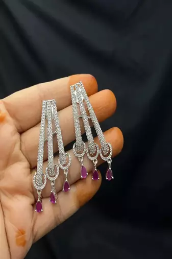 Elegant Ruby & Diamond-Style Triple Drop Dangle Earrings | Silver Tone Chandelier Jewelry