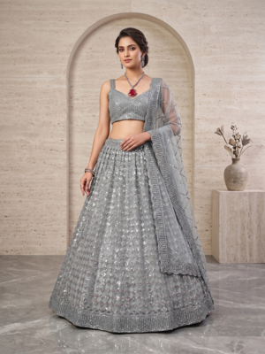 Grey Designer Lehenga Choli with Heavy Sequin Embroidery & Net Dupatta for Women 1