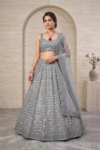 Grey Designer Lehenga Choli with Heavy Sequin Embroidery & Net Dupatta for Women
