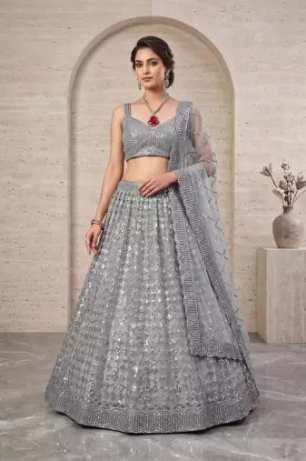 Grey Designer Lehenga Choli with Heavy Sequin Embroidery & Net Dupatta for Women