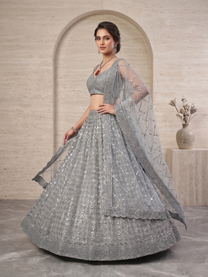Grey Designer Lehenga Choli with Heavy Sequin Embroidery & Net Dupatta for Women 2