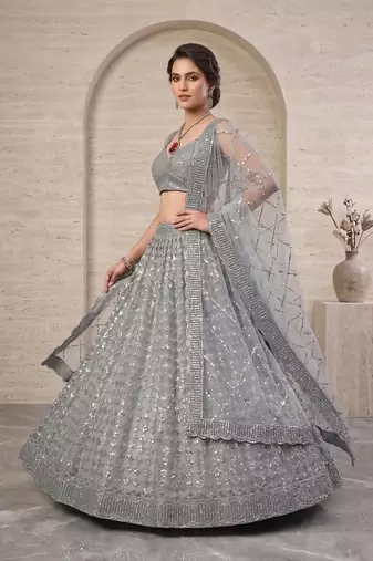 Grey Designer Lehenga Choli with Heavy Sequin Embroidery & Net Dupatta for Women