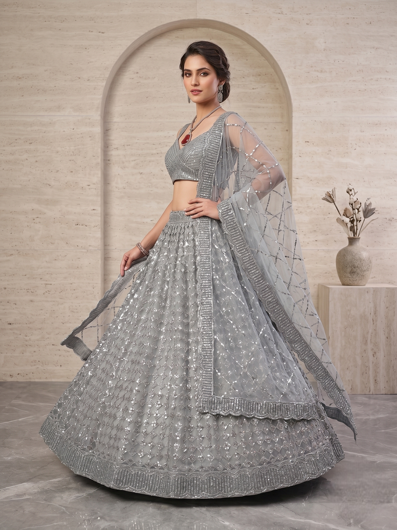 Grey Designer Lehenga Choli with Heavy Sequin Embroidery & Net Dupatta for Women