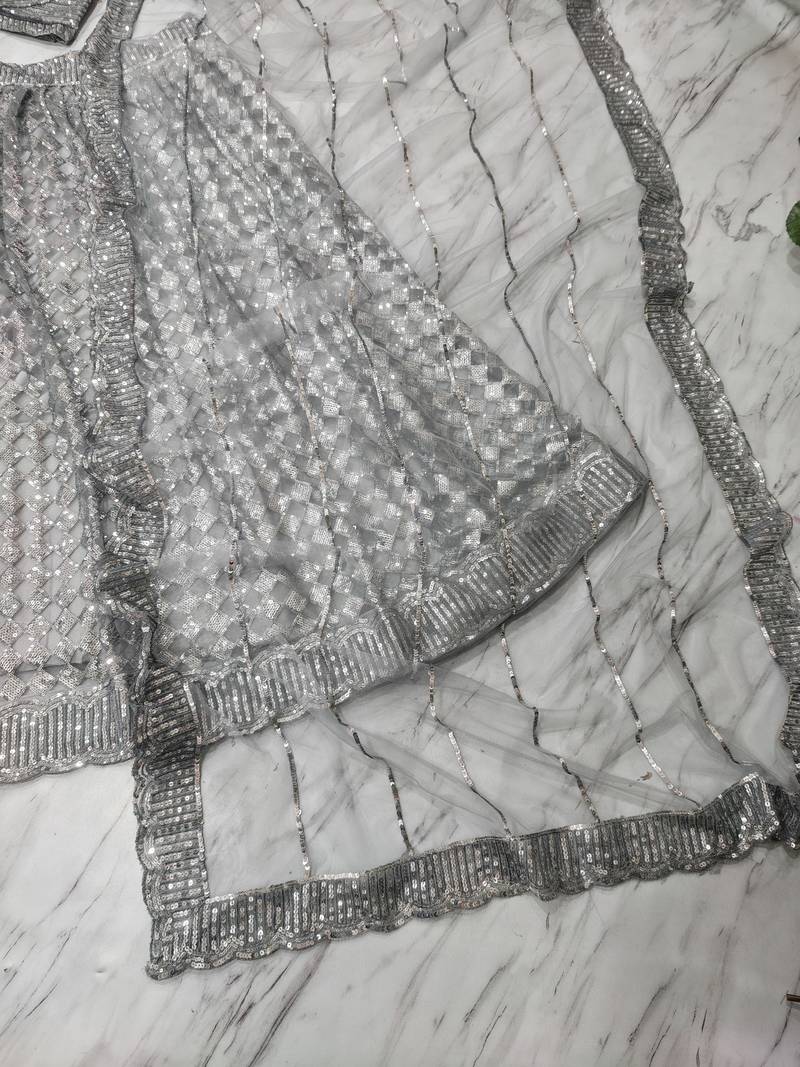 Grey Designer Lehenga Choli with Heavy Sequin Embroidery & Net Dupatta for Women