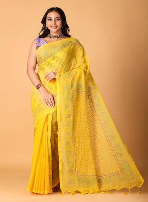Yellow handblock printed saree with blouse 1