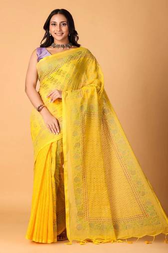 Yellow handblock printed saree with blouse