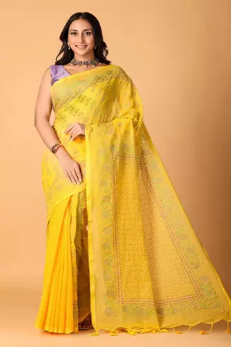 Yellow handblock printed saree with blouse
