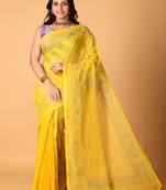 Yellow handblock printed saree with blouse