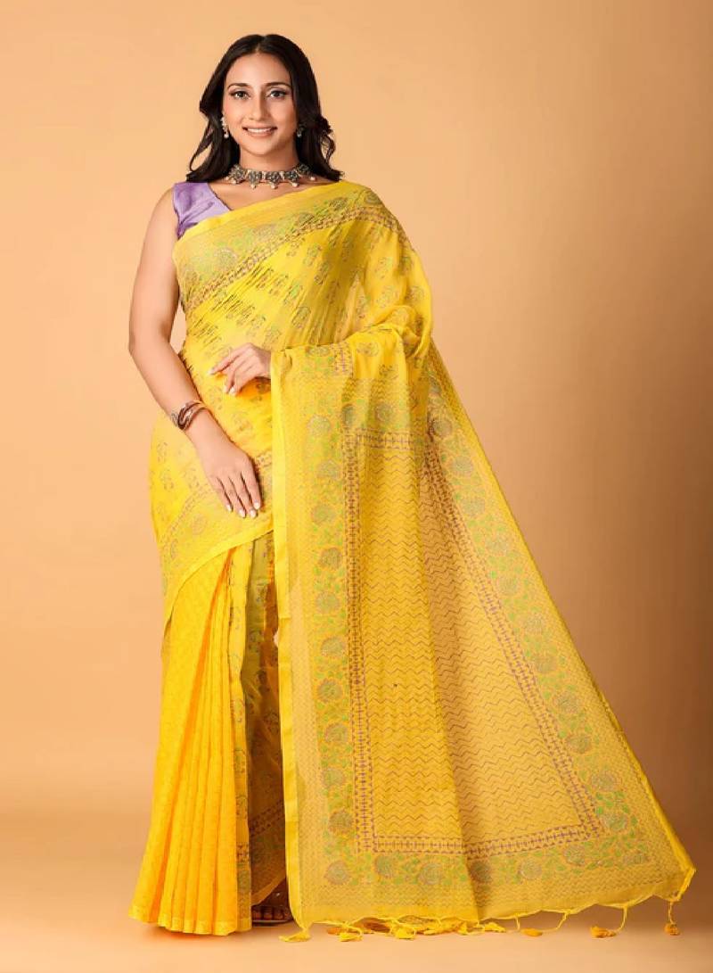 Yellow handblock printed saree with blouse