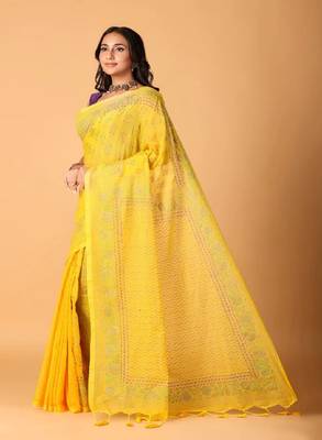 Yellow handblock printed saree with blouse 2