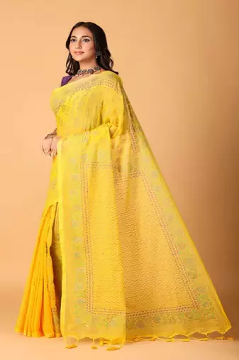 Yellow handblock printed saree with blouse