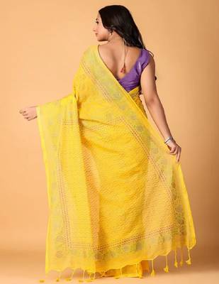 Yellow handblock printed saree with blouse 3