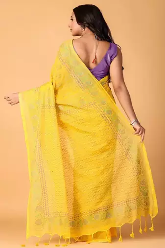 Yellow handblock printed saree with blouse