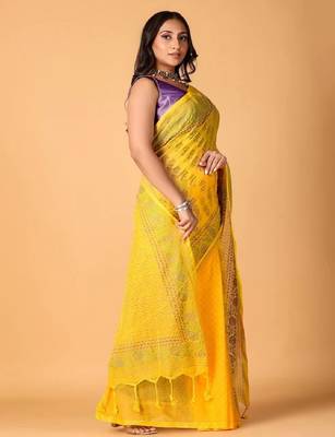 Yellow handblock printed saree with blouse 4