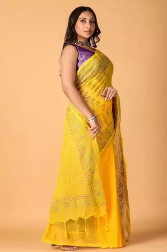 Yellow handblock printed saree with blouse