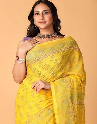 Yellow handblock printed saree with blouse 5