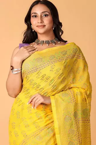 Yellow handblock printed saree with blouse