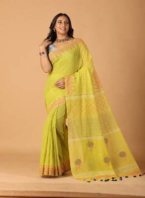 light yellow handblock printed saree with blouse 1