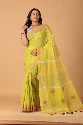 light yellow handblock printed saree with blouse
