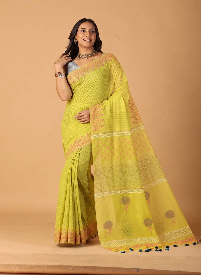 light yellow handblock printed saree with blouse
