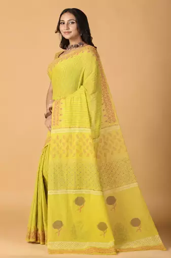 light yellow handblock printed saree with blouse