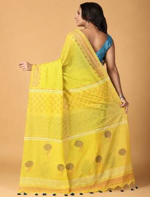 light yellow handblock printed saree with blouse 3