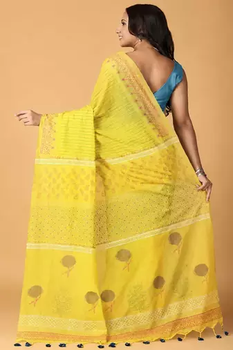 light yellow handblock printed saree with blouse