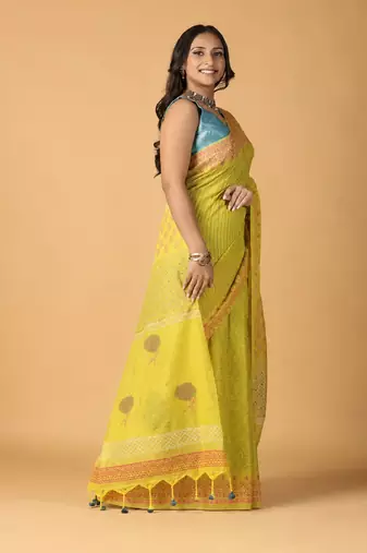 light yellow handblock printed saree with blouse
