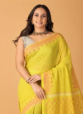 light yellow handblock printed saree with blouse 5