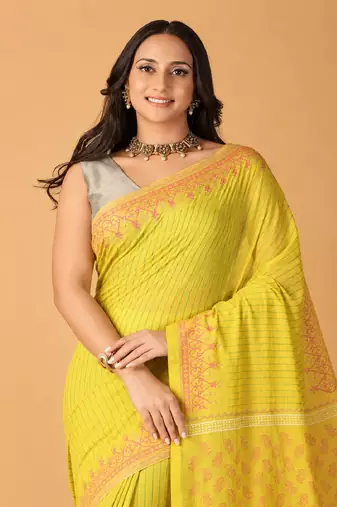 light yellow handblock printed saree with blouse